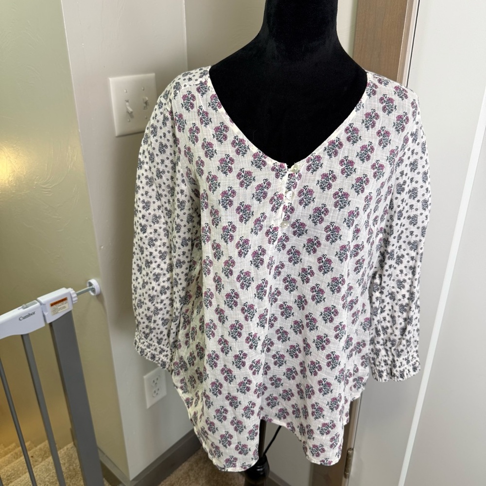 J. Jill 100% Cotton‎ Floral Popover V-Neck White Lightweight Spring Blouse Top M